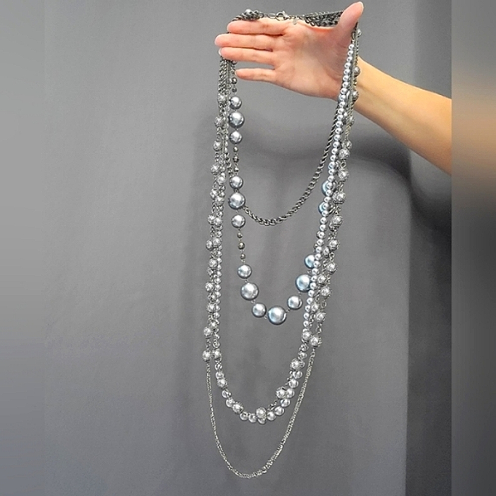 Express Blue/silver Chain layered long statement necklace